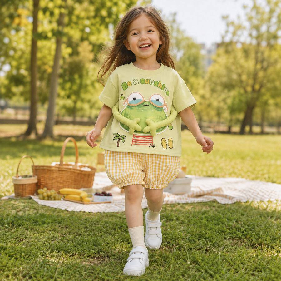 Child styling the interactive frog T-shirt outdoors