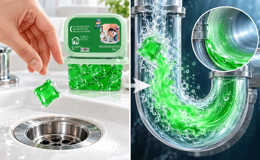 Bio-Enzyme Drain Care Pods dissolving and cleaning buildup inside pipes