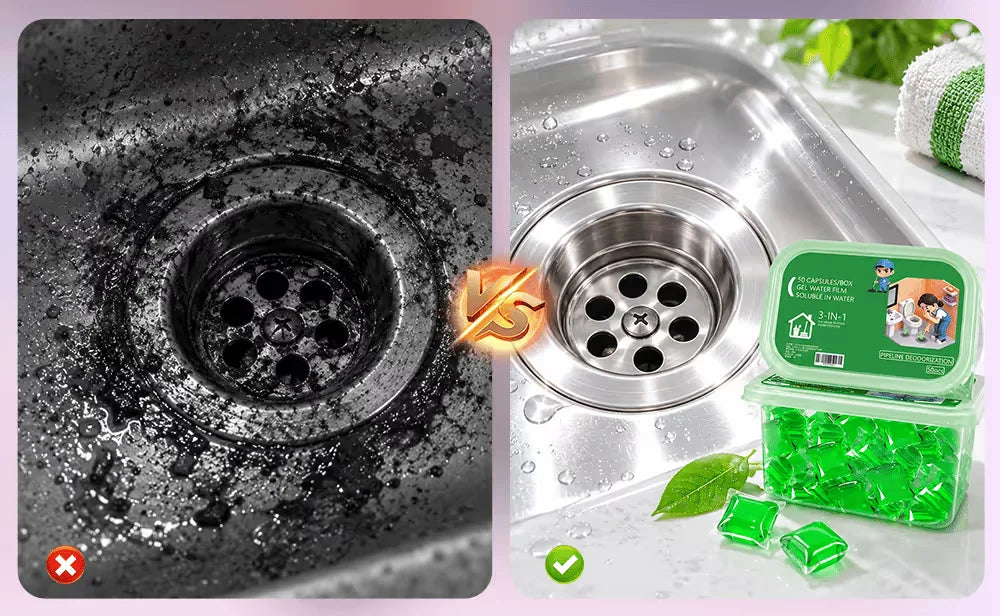 Before and after kitchen sink drain cleaning comparison